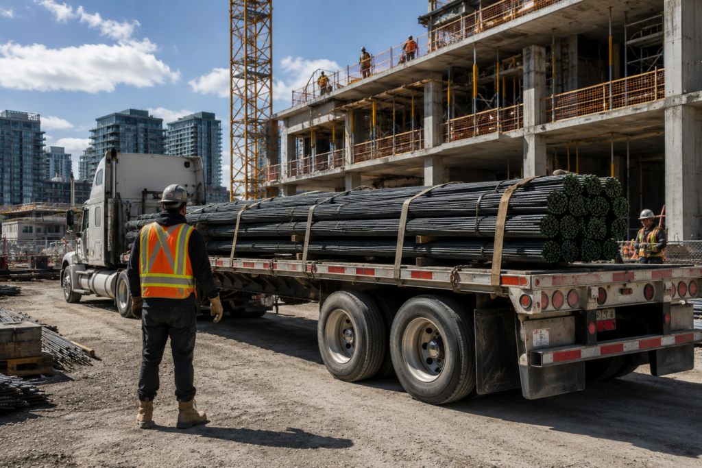 Construction site with rebar and crane