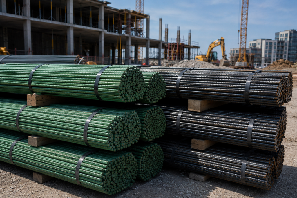 steel rebar stacks at construction site